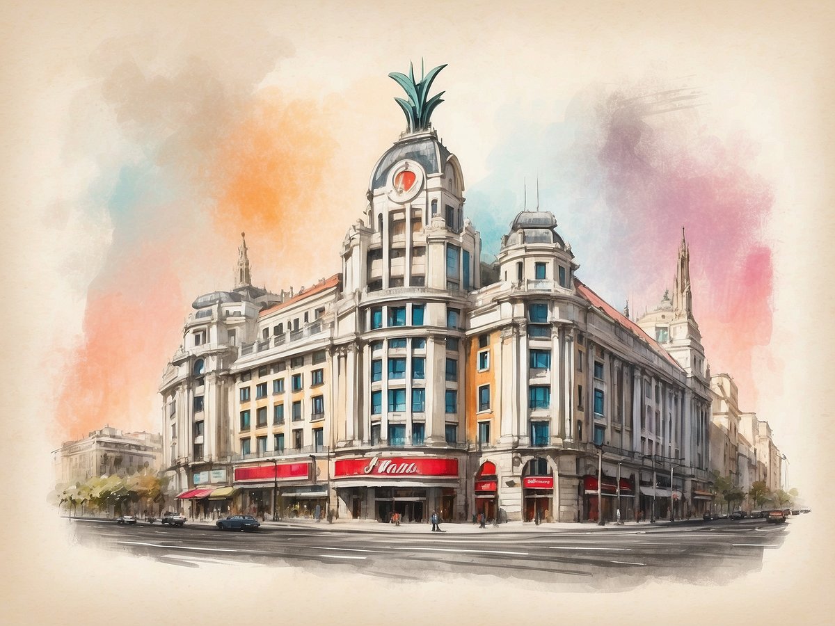 Das Bild zeigt das Leonardo Hotel Madrid City Center, ein markantes Gebäude im Stadtzentrum von Madrid. Die Architektur des Gebäudes ist im historischen Stil gehalten mit großen Fenstern und einem auffälligen Dach, das durch eine grüne Pflanze dekoriert ist. Im Vordergrund sind Straßen und Passanten zu sehen, die dem Gebäude Leben verleihen. Im unteren Bereich des Gebäudes befinden sich große Schilder mit den Namen von Geschäften oder Restaurants. Der Himmel im Hintergrund ist in sanften Pastellfarben gehalten, die eine angenehme Atmosphäre schaffen.