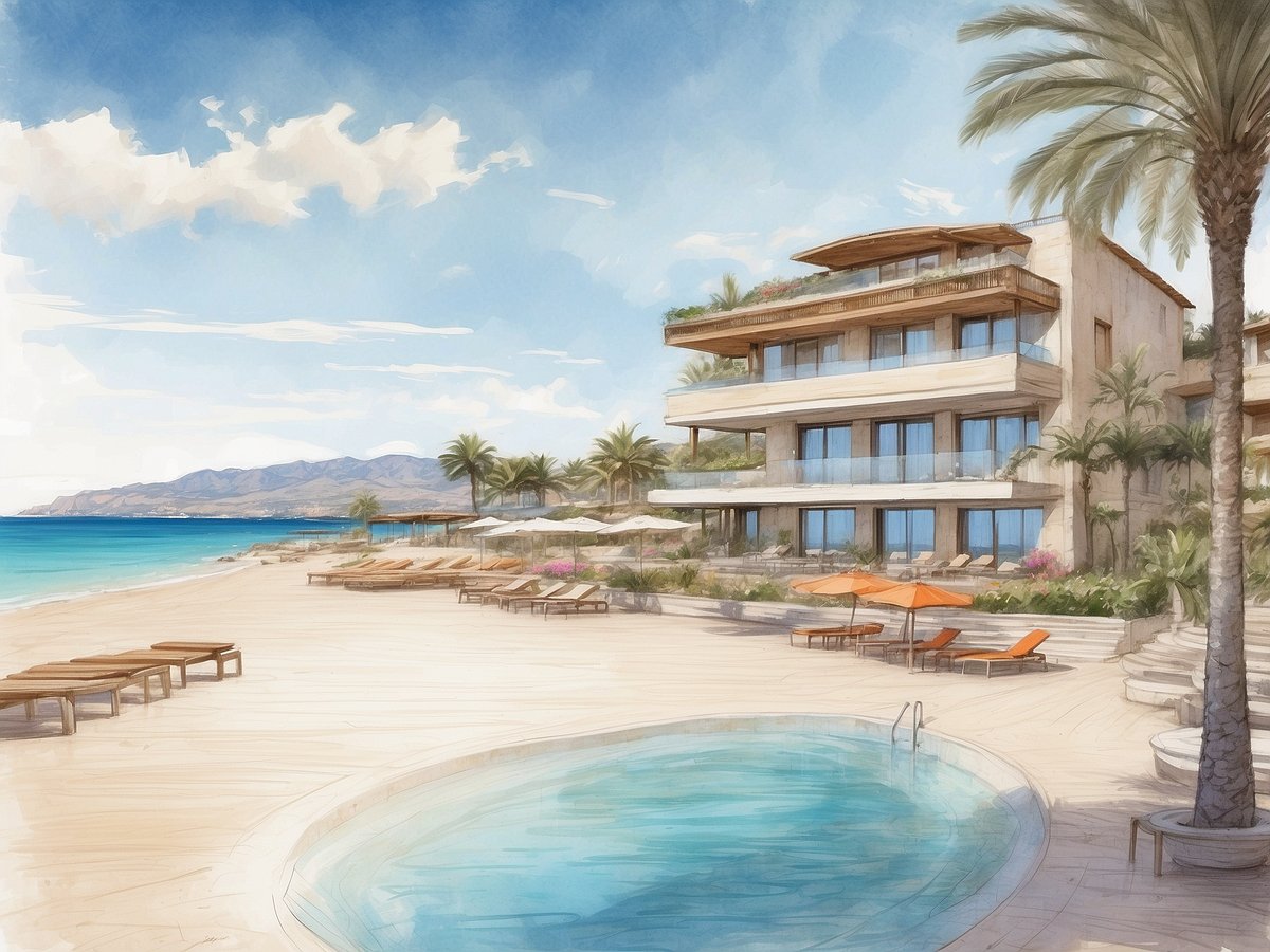 Eine malerische Ansicht des Leonardo Royal Hotel Mallorca Palmanova Bay, das direkt am Strand gelegen ist. Im Vordergrund befindet sich ein eleganter Pool, umgeben von Liegen und parasolgeschützten Sitzen. Die Architektur des Hotels ist modern mit großen Fenstern und einem hellen, einladenden Design. Im Hintergrund sind sanfte Wellen des türkisfarbenen Meeres und die umliegenden Berge zu sehen, umrahmt von strahlend blauem Himmel mit wenigen Wolken. Palmen und farbenfrohe Blumen ergänzen die tropische Atmosphäre.