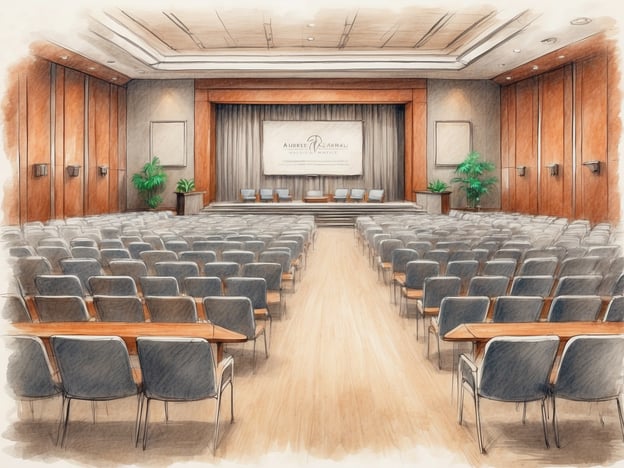 Auf dem Bild ist ein Veranstaltungssaal zu sehen, der für Konferenzen, Meetings oder Seminare genutzt werden kann. Der Saal ist mit einem Podium ausgestattet, auf dem mehrere Stühle stehen, und es gibt eine große Anzahl von Sitzplätzen für die Teilnehmer. Die Anordnung der Stühle und Tische schafft eine einladende Atmosphäre, die sich gut für Vorträge oder Diskussionen eignet. Zudem sorgen Pflanzen und eine dezente Beleuchtung für eine angenehme Umgebung. Solche Räume sind ideal für Firmenveranstaltungen, Schulungen oder Networking-Events.