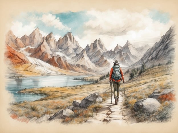 Auf dem Bild ist eine malerische Landschaft zu sehen, in der eine Person auf einem Wanderweg durch Berge und Wiesen geht. Diese Umgebung lädt zu Aktivitäten wie Wandern, Trekking und Naturschauen ein. Die farbenfrohe Darstellung des Wassers und der Berge vermittelt eine entspannende Atmosphäre, die ideal für Freizeitmöglichkeiten in der Natur ist, wie zum Beispiel Picknicken oder Fotografieren der Landschaft. Solche Erlebnisse bieten die Möglichkeit, die Schönheit der Natur zu genießen und sich aktiv zu betätigen.