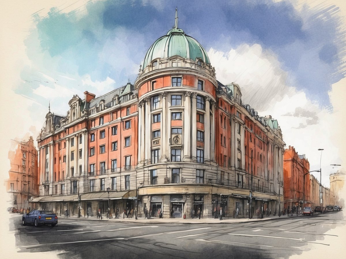 Das Bild zeigt das Leonardo Hotel in Belfast, ein historisches Gebäude mit einer auffälligen Architektur. Die Fassade ist in warmen Rottönen gehalten, während das Dach mit einer grünen Kuppel abschließt. Die Gestaltung umfasst große Fenster, Säulen und dekorative Details. Vor dem Hotel sind Menschen auf der Straße sichtbar, zusammen mit mehreren Fahrzeugen. Der Himmel im Hintergrund ist hell mit einigen Wolken, was dem Bild eine einladende Atmosphäre verleiht.