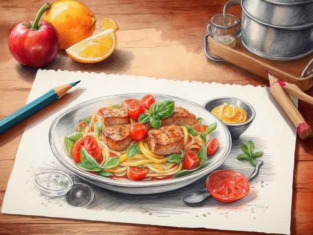 Auf dem Bild sieht man eine hübsche Illustration eines kulinarischen Gerichts. Es handelt sich um einen Teller mit Spaghetti, garniert mit frischen Kirschtomaten, Basilikumblättern und grillierten Stückchen von Fleisch oder Fisch. Neben dem Teller liegen verschiedene Zutaten: ein roter Apfel, eine halbe Zitrone sowie eine kleine Schale mit einer Art Dipsauce oder Dressing. Auch einige Farbstifte und Salz sind vorhanden, was darauf hindeutet, dass dieses geschmackvolle Gericht vielleicht Teil eines kreativen kulinarischen Projekts ist. Der Holzuntergrund vermittelt eine gemütliche, einladende Atmosphäre, die zum Genießen einlädt.