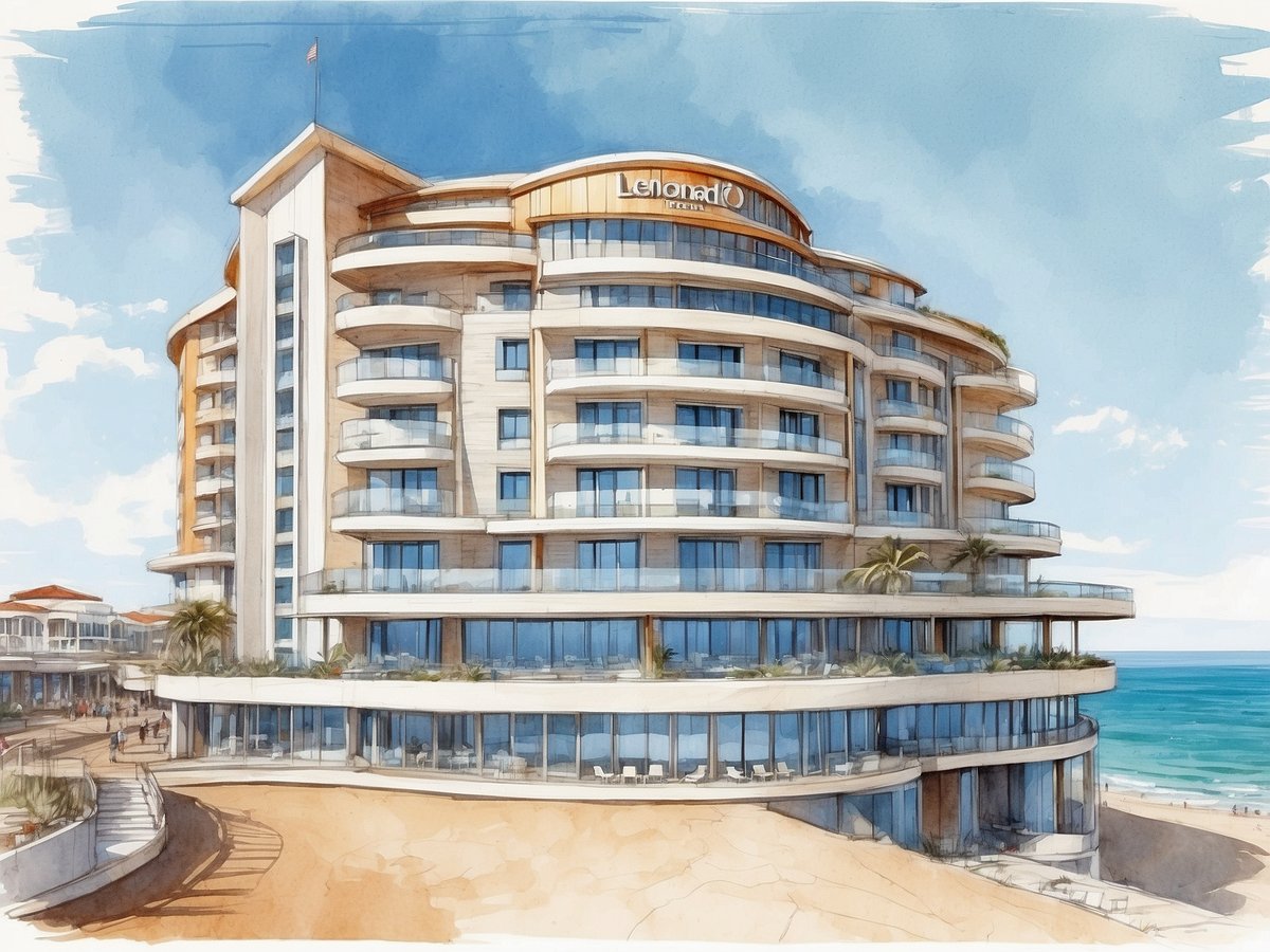 Das Bild zeigt das Leonardo Hotel Brighton, ein modernes Gebäude mit mehreren Etagen direkt am Strand. Die Fassade ist hell und einladend, mit großen Fenstern und Balkonen, die einen Blick auf das Meer bieten. Um das Hotel herum sind Palmen und eine geschwungene Uferpromenade zu sehen, auf der sich Spaziergänger bewegen. Der Himmel ist blau mit einigen Wolken, was eine angenehme Atmosphäre schafft.