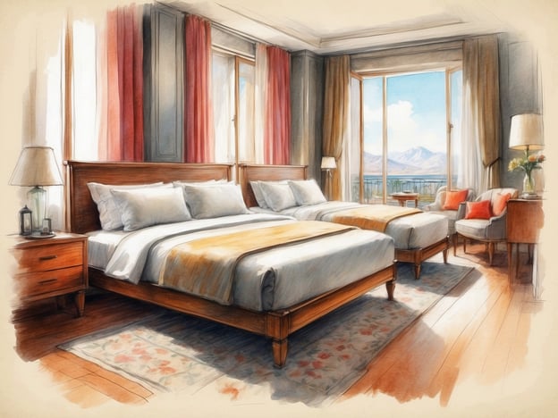 Das Bild zeigt ein elegantes Schlafzimmer mit zwei Einzelbetten, die mit weißen Bettwäsche und einer orangen Decke ausgestattet sind. Die Wände sind in neutralen Tönen gehalten, und die Fenster sind groß, was viel Tageslicht hereinlässt. Durch die Fenster hat man einen schönen Ausblick auf eine Berglandschaft. 

Es gibt einen kleinen Nachttisch neben jedem Bett, auf dem jeweils eine Lampe steht. Zusätzlich ist ein bequemer Sessel in der Ecke des Zimmers zu sehen, zusammen mit einem kleinen Tisch. Der Boden ist aus Holz und es liegt ein farbenfroher Teppich darauf, der dem Raum eine gemütliche Atmosphäre verleiht. Große Vorhänge in warmen Farben runden das Gesamtbild ab und schaffen eine einladende Umgebung.