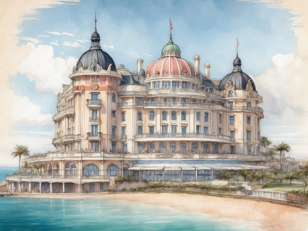 Das Bild zeigt das Grand Brighton, ein elegantes, historisches Hotel mit einer markanten Architektur. Die Fassade ist prunkvoll gestaltet, mit Kuppeln und Verzierungen. Das Gebäude hat mehrere Stockwerke und große Fenster, die einen Blick auf das Meer ermöglichen. Im Vordergrund sind Palmen und ein Sandstrand zu sehen, während der Himmel mit einigen Wolken durchwachsen ist. Die Szene vermittelt ein Gefühl von Luxus und Urlaub am Meer.