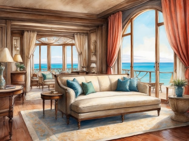 Auf dem Bild ist ein elegantes Wohnzimmer zu sehen. Es hat große Fenster, die einen schönen Blick auf das Meer ermöglichen. Die Einrichtung umfasst ein helles Sofa mit Kissen in verschiedenen Blautönen, einen kleinen Tisch und ein paar Stühle. Die Wände sind mit Holz vertäfelt und die Vorhänge sind in einem warmen Farbton gehalten. Es gibt auch einige dekorative Gegenstände wie Lampen und Pflanzen, die eine einladende Atmosphäre schaffen. Die Raumgestaltung wirkt insgesamt freundlich und hell, ideal für entspannte Stunden.