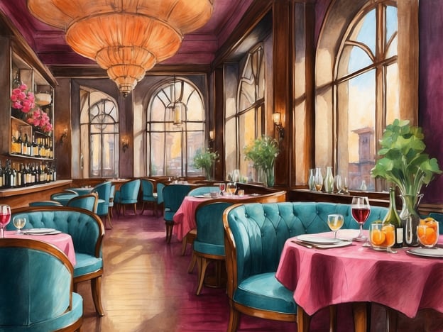 Auf dem Bild ist ein stilvolles Restaurant zu sehen. Der Raum ist elegant eingerichtet, mit türkisfarbenen Stühlen und pinken Tischdecken. Große Fenster lassen viel Licht herein und bieten einen schönen Ausblick. An der Wand ist eine Regale mit Weinflaschen, und auf den Tischen stehen verschiedene Getränke wie Rotwein und Cocktails. Die Atmosphäre wirkt gemütlich und einladend, ideal für ein romantisches Dinner oder einen entspannten Abend mit Freunden.