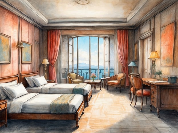 Auf dem Bild ist ein elegantes Zimmer zu sehen. Es gibt zwei Einzelbetten mit weißen Bettwäsche und eine zum Relaxen einladende Sitzecke mit Stühlen und einem Tisch. Licht strömt durch große Fenster, die einen schönen Ausblick bieten. Der Raum ist mit dekorativen Elementen wie Bildern an der Wand und einem Teppich gestaltet. Ein Schreibtisch mit einer Lampe und einer Pflanze ergänzt die Unterkunft. Die Atmosphäre wirkt freundlich und komfortabel, ideal für einen Aufenthalt.