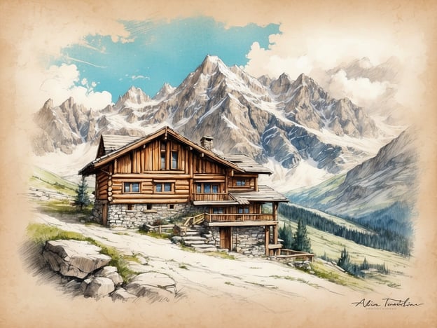 Das Bild zeigt eine malerische Berghütte, umgeben von einer beeindruckenden alpinen Landschaft mit hohen Bergen und grünen Wiesen. Diese Art von Architektur ist typisch für die Region Cortina d