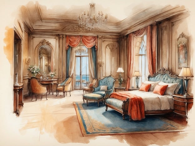 Auf dem Bild ist eine elegant gestaltete Hotelzimmer-Suite zu sehen, die reichhaltige Einrichtung mit Vintage-Elementen kombiniert. Die Raumgestaltung umfasst eine große Bettlandschaft, stilvolle Sitzmöbel und dekorative Details wie einen Kronleuchter und opulente Vorhänge. Solche luxuriösen Zimmer erinnern an die hohen Standards, die NH Hotels im Laufe ihrer Geschichte etabliert haben.

NH Hotels wurde 1978 gegründet und hat sich darauf spezialisiert, Gästen ein hohes Maß an Komfort und Qualität zu bieten. Die künstlerische Umgestaltung von Hotelzimmern spiegelt das Engagement der Marke wider, eine einladende und stilvolle Atmosphäre zu schaffen, die das Wohlbefinden der Gäste in den Vordergrund stellt.