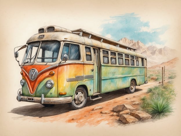 Auf dem Bild ist ein farbenfroher Vintage-Bus zu sehen, wahrscheinlich ein VW-Bus, der in einer ländlichen Umgebung steht. Diese Art von Fahrzeugen wird häufig mit Freiheit und Reisen in Verbindung gebracht. 

Im Kontext von Nachhaltigkeit und Umweltengagement könnte dieser Bus symbolisch für umweltfreundliches Reisen stehen. Viele Menschen entscheiden sich heute für umweltbewusste Fortbewegungsmittel, um ihren ökologischen Fußabdruck zu verringern. Zudem kann der Bus für den Trend des vanlifes stehen, bei dem Reisende oft in der Natur leben und reisen, wodurch ein bewussterer Umgang mit Ressourcen und ein stärkeres Umweltbewusstsein gefördert wird. 

Solche Bilder erinnern uns daran, die Schönheit der Natur zu schätzen und verantwortungsvoll zu reisen, um die Umwelt zu schützen.