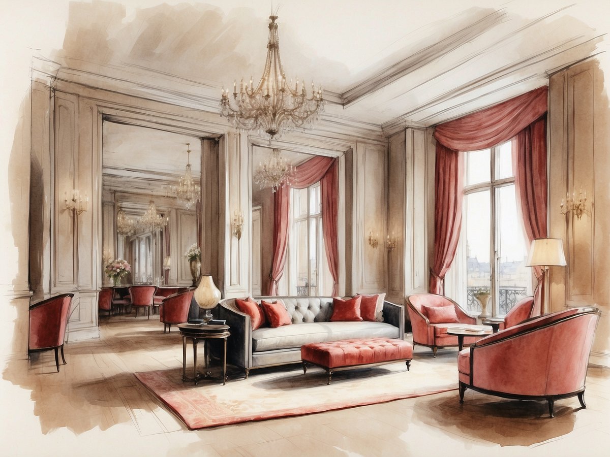 Ein eleganter Salon im Leonardo Royal Hotel Edinburgh Haymarket mit einem stilvollen Sofa in Grau und einer roten Ottomane. Rote Sessel sind um einen kleinen Tisch gruppiert, während große Fenster mit roten Vorhängen viel Licht hereinlassen. An der Decke hängen prächtige Kronleuchter, und an den Wänden befinden sich Spiegel, die den Raum optisch vergrößern. Ein Blumenarrangement in einer Vase sorgt für einen Hauch von Frische und Eleganz.