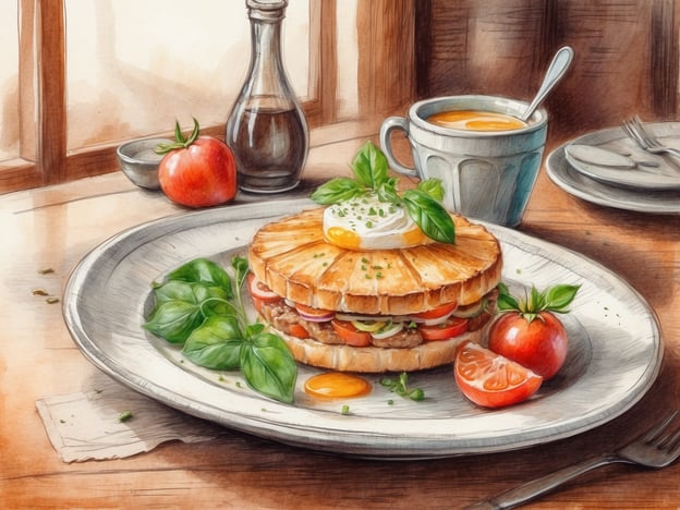 Auf dem Bild ist eine appetitliche Speise zu sehen, die auf einem Teller angerichtet ist. Es handelt sich um ein Sandwich, das mit frischen Zutaten wie Tomaten, grünen Blättern und einem Spiegelei garniert ist. Die kunstvolle Präsentation deutet darauf hin, dass es sich um ein gehobenes Gericht handelt, möglicherweise aus einem Bistro oder einem Café. Daneben steht eine Tasse, in der sich eine gelbe Flüssigkeit befindet, und ein weiteres Gericht, das einige Beilagen zeigt. Insgesamt vermittelt das Bild eine einladende Atmosphäre, die typisch für ein gemütliches Restaurant oder ein Café ist.