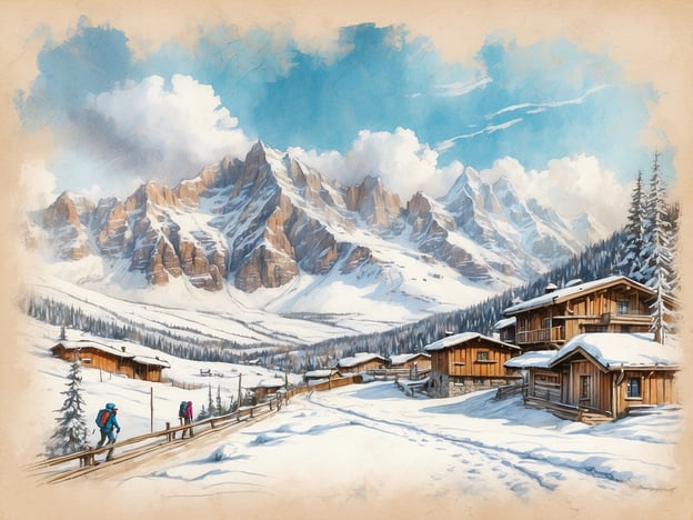 Auf dem Bild sind schneebedeckte Berge und eine malerische Winterlandschaft mit traditionellen Holzhütten zu sehen. Diese Szene könnte gut zu den Top-Aktivitäten in St. Anton passen:

1. **Skifahren**: Die Umgebung ist ideal für Wintersport, mit zahlreichen Pisten für alle Schwierigkeitsgrade.
2. **Snowboarden**: Hier gibt es auch spezielle Bereiche für Snowboarder.
3. **Winterwandern**: Die dargestellten Wanderer könnten die spektakulären Winterwanderwege erkunden.
4. **Schneeschuhwandern**: Eine weitere beliebte Aktivität in der verschneiten Landschaft.
5. **Après-Ski**: In den Hütten könnte man nach einem Tag auf der Piste entspannen.

St. Anton ist bekannt für seine beeindruckende Bergkulisse und vielseitigen Winteraktivitäten.