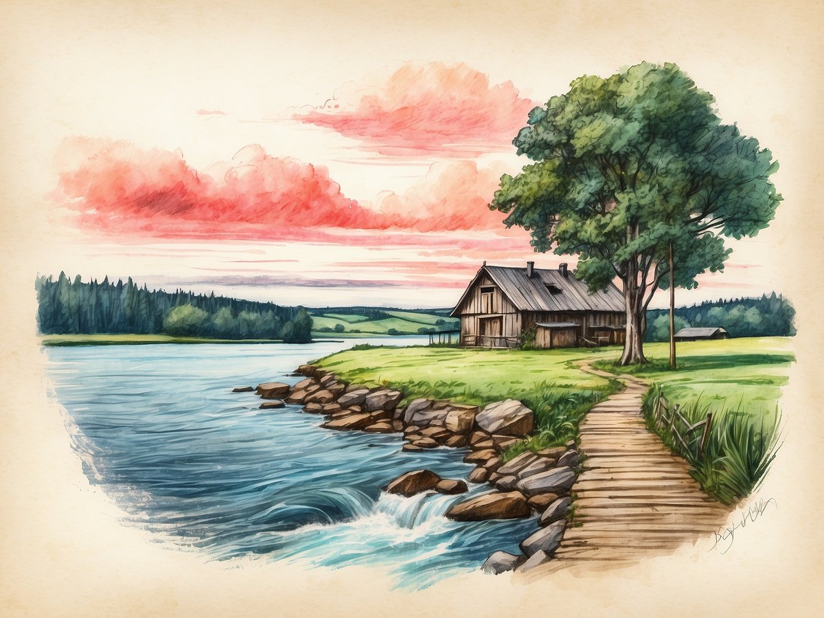 Eine malerische Landschaft zeigt ein einfaches Holzhaus am Ufer eines ruhigen Gewässers. Um das Haus herum erstreckt sich grünes Gras sowie einige Bäume. Ein Holzsteg führt vom Wasser zum Haus. Der Himmel ist in sanften Rosatönen gefärbt, während einige Wolken den Sonnenuntergang markieren. Im Hintergrund sind sanfte Hügel und ein Wald zu sehen, was die Idylle der Szenerie unterstreicht.