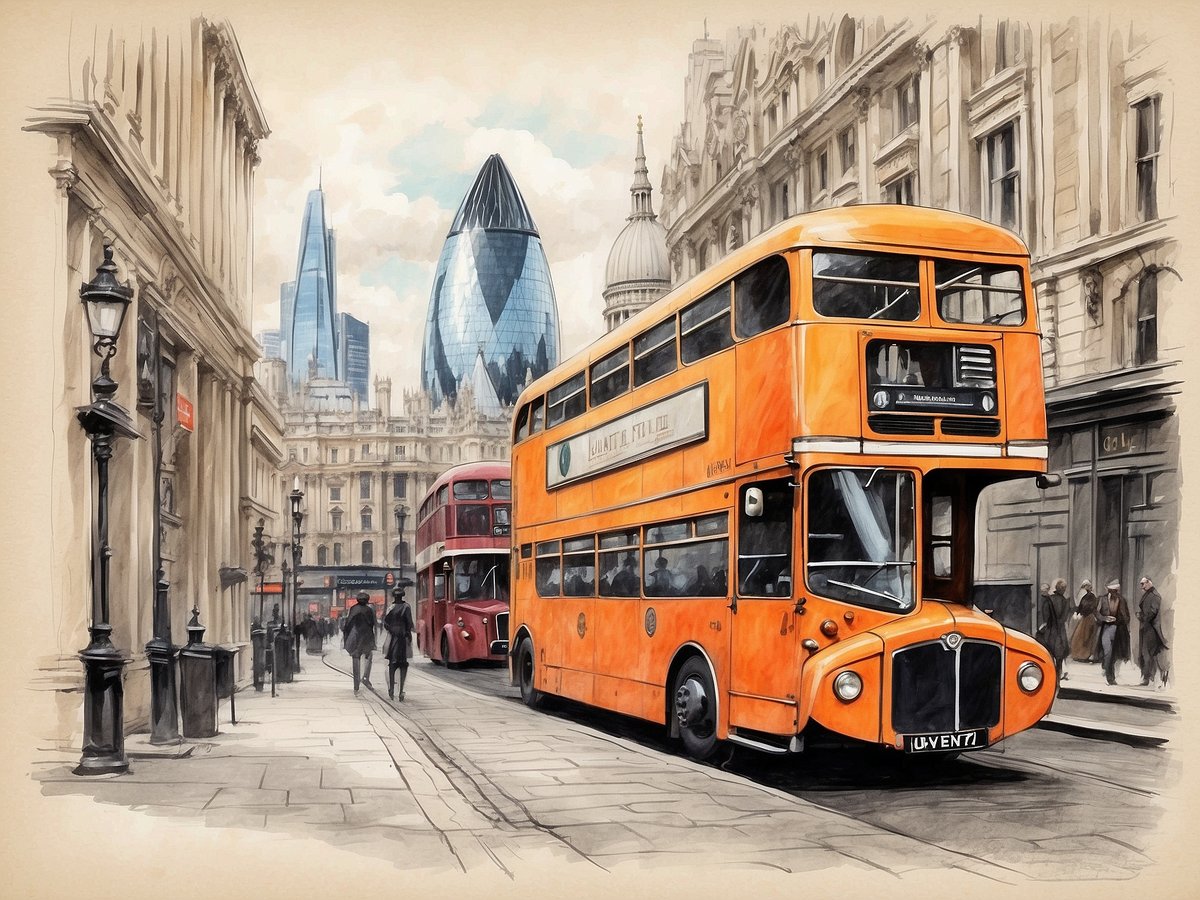 Eine orangefarbene Doppeldeckerbus fährt auf einer Straße in London, umgeben von historischen Gebäuden. Im Hintergrund sind moderne Wolkenkratzer zu sehen, darunter die markante Form des Gherkin. Passanten schlendern auf dem Gehweg, während Straßenlaternen die Szene beleuchten. Die Atmosphäre vermittelt eine Mischung aus traditionellem und modernem London, passend zum Leonardo Royal Hotel London City.