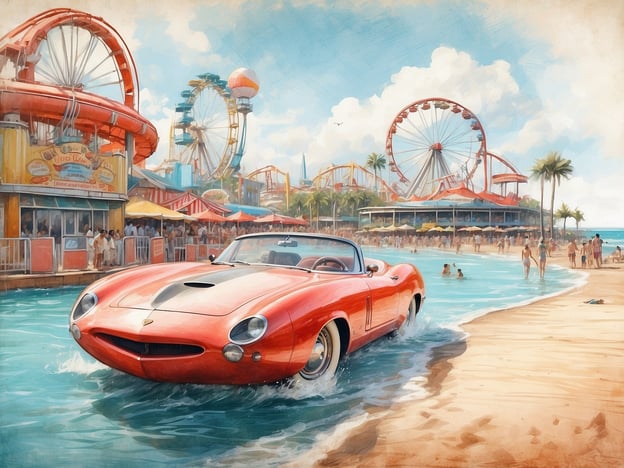 Auf dem Bild ist ein rot lackiertes Sportauto zu sehen, das durch das Wasser fährt, umgeben von Menschen am Strand. Im Hintergrund könnte es sich um eine Vergnügungspark-Atmosphäre handeln, die an Orte wie den Santa Monica Pier in Kalifornien erinnert. Dort finden sich oft Fahrgeschäfte, wie ein Riesenrad und Karussells, sowie viele Strandbesucher, die die Sonne genießen. Diese Szenerie vermittelt ein Gefühl von Sommer und Freizeit.