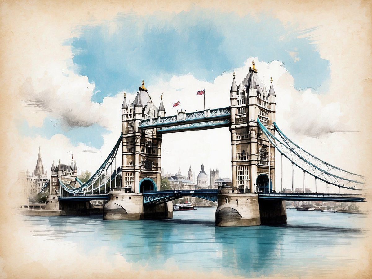 Eine künstlerische Darstellung der Tower Bridge in London, die sich majestätisch über die Themse spannt. Im Hintergrund sind historische Gebäude zu sehen, darunter die charakteristische Silhouette von St. Pauls Cathedral. Der Himmel ist hellblau mit einigen weißen Wolken, und die Bridge zeigt ihre traditionellen gotischen Türme und Details. Die Atmosphäre ist friedlich und einladend, während das Wasser der Themse sanft in der Sonne glitzert.