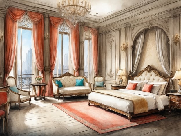 Auf dem Bild ist ein elegantes, luxuriöses Schlafzimmer zu sehen. Es hat große Fenster mit Blick auf eine Stadtlandschaft, geschmackvoll dekorierte Wände, eine opulente Bettwäsche sowie stilvolle Möbel. Die Farbgestaltung in sanften Tönen und die Verwendung von Vorhängen und dekorativen Elementen vermitteln eine gehobene Atmosphäre.

Wenn man einen Überblick über das NH Hotel Monterrey La Fe betrachtet, bietet es moderne Annehmlichkeiten mit komfortablen Zimmern, die für Geschäftsreisende und Urlauber geeignet sind. Zu den Einrichtungen gehören Konferenzräume, ein Fitnesscenter und ein Restaurant. Die Lage ermöglicht eine gute Erreichbarkeit von Sehenswürdigkeiten und Geschäftsvierteln in Monterrey.