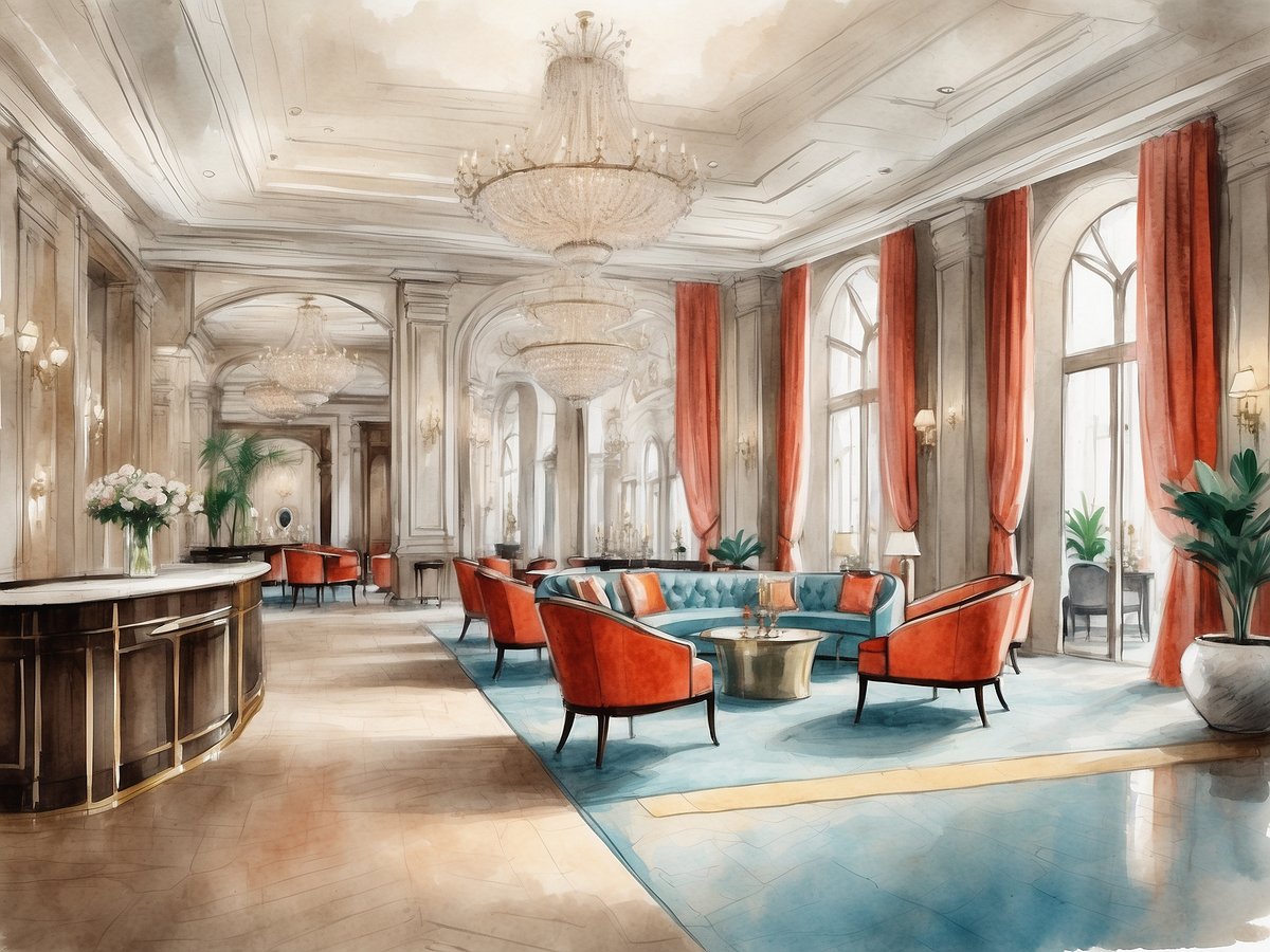 Die Darstellung zeigt eine elegante Hotel-Lobby mit einem stilvollen Interieur. Im Vordergrund befindet sich ein runder Tisch, umgeben von bequemen, roten Sesseln und einem cremefarbenen Sofa. An den Wänden hängen große Fenster mit roten Vorhängen, die viel Tageslicht hereinlassen. Der Boden besteht aus einem hellen Holz, und in den Ecken stehen große Pflanzen. An der linken Seite ist eine Empfangstheke mit einer weißen Marmoroberfläche zu sehen. Über dem gesamten Raum hängen Kronleuchter, die eine luxuriöse Atmosphäre schaffen.