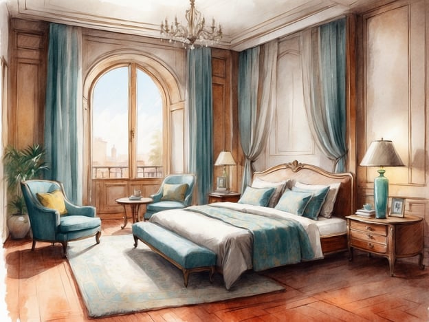 Auf dem Bild ist ein elegantes Schlafzimmer zu sehen. Die Wände sind in warmen Holztönen gehalten, und es gibt große Fenster mit eleganten Vorhängen in einem sanften Türkis. In der Mitte des Zimmers befindet sich ein großes Bett mit einer ansprechenden Bettwäsche, die ebenfalls in Türkis gestaltet ist. 

Neben dem Bett stehen zwei Nachttische mit Lampen. Auf der anderen Seite des Zimmers gibt es zwei bequeme Sessel und einen kleinen Tisch, auf dem eine Tasse steht. Ein farbenfroher Teppich liegt auf dem Boden, und eine Pflanze verleiht dem Raum eine frische Note. Insgesamt wirkt das Zimmer hell, gemütlich und stilvoll.