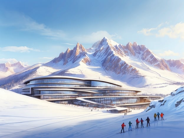 Auf dem Bild ist eine moderne, architektonisch ansprechende Struktur zu sehen, die in einer schneebedeckten Berglandschaft eingebettet ist. Diese Gebäude könnte eine Art Resort oder Skihütte darstellen, und im Vordergrund sind mehrere Personen zu sehen, die auf Skiern den Hang hinunterfahren oder bergauf wandern. Im Hintergrund ragen majestätische Berge in den Himmel, die mit Schnee bedeckt sind und eine winterliche Atmosphäre schaffen. Der Himmel ist klar und blau, was dem Bild eine frische und einladende Stimmung verleiht. Diese Szenerie ist typisch für alpine Urlaubsorte wie Les Arcs in Frankreich, die für ihren Wintersport und ihre atemberaubende Natur bekannt sind.