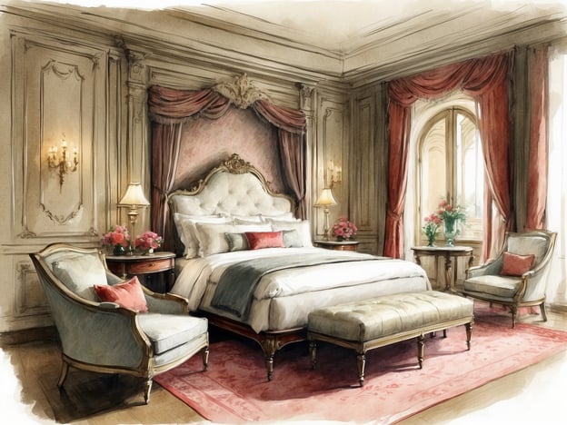 Auf dem Bild ist ein elegant gestaltetes Schlafzimmer zu sehen. Es zeichnet sich durch ein großes, opulentes Bett mit einer verzierenden Kopfteil aus, umgeben von stilvollen Möbeln, darunter bequeme Sessel und ein Fußschemel. Die Wände sind reich verziert, und große Fenster lassen viel Licht herein, was dem Raum eine freundliche und einladende Atmosphäre verleiht.

In Bezug auf NH Hotels kann man sagen, dass sie eine Vielzahl von Unterkünften anbieten, die sowohl modernen als auch eleganten Stil kombinieren. Die Hotels legen Wert auf Komfort und eine ansprechende Gestaltung, ähnlich wie in dem dargestellten Zimmer. NH Hotels sind bekannt für ihre strategischen Standorte in Städten und ihre Annehmlichkeiten, die den Gästen einen angenehmen Aufenthalt ermöglichen.