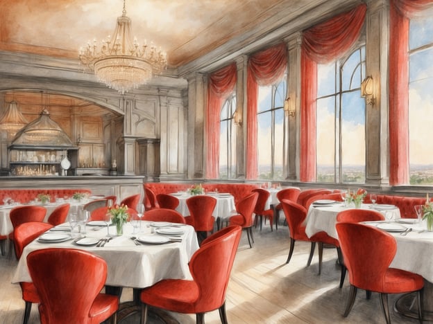 Auf dem Bild ist ein elegantes Restaurant zu sehen, das an ein NH Hotel erinnert. Der Raum ist hell und einladend, mit großen Fenstern, die viel Tageslicht hereinlassen. Die Tische sind elegant gedeckt mit weißen Tischdecken, Blumen in Vasen und feinem Geschirr. Die Stühle sind rot und sorgen für einen stilvollen Kontrast zur hellen Einrichtung. Im Hintergrund ist eine Bar zu sehen, die gut beleuchtet ist, und ein großer Kronleuchter verleiht dem Raum eine besondere Note. Die Atmosphäre wirkt gehoben und gemütlich, ideal für ein feines Dinner oder besondere Anlässe.