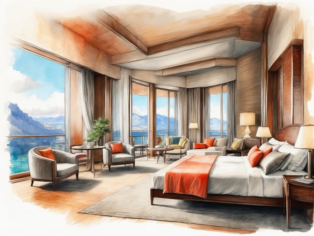 Auf dem Bild ist ein elegantes Zimmer zu sehen, das eine wunderschöne Aussicht auf die Berge und das Wasser bietet. Es beinhaltet folgende Elemente:

- **Betten**: Das Zimmer verfügt über ein großes Doppelbett mit bequemen Kissen und dekorativen Decken.
- **Sitzbereiche**: Es gibt mehrere gemütliche Sessel und Tische, die zum Entspannen einladen.
- **Fenster**: Große Fenster lassen viel Tageslicht herein und bieten einen herrlichen Blick auf die Landschaft.
- **Dekoration**: Helle Farben und stilvolle Möbel sorgen für eine ansprechende Atmosphäre.
- **Pflanzen**: Eine grüne Pflanze bringt frische Elemente in den Raum.

Insgesamt vermittelt der Raum ein Gefühl von Luxus und Komfort.