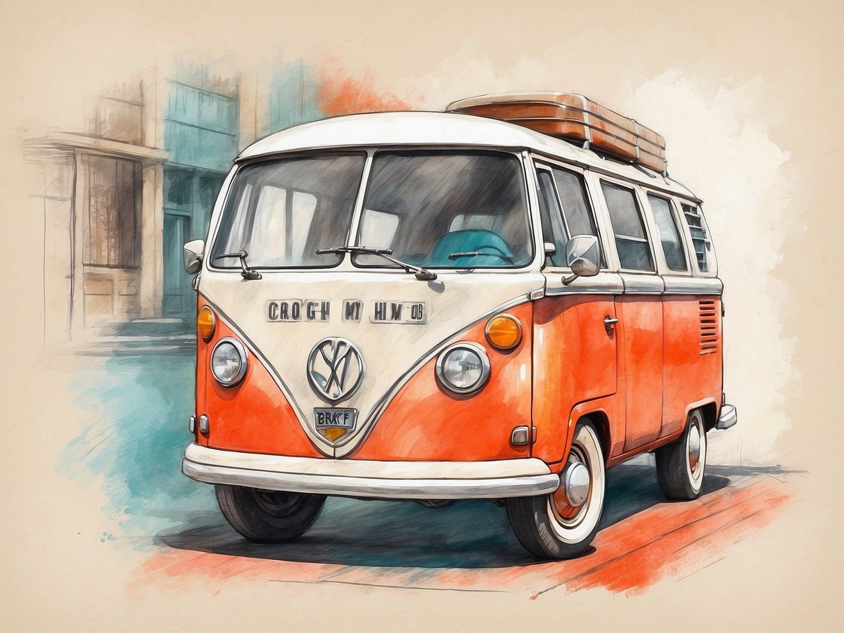 Ein orange-weißer Volkswagen Bus steht auf einer Straße. Der Bus hat eine markante Front mit dem VW-Logo und einem klassischen Design, das nostalgische Gefühle weckt. Auf dem Dach befinden sich mehrere Koffer, die auf eine Reise hinweisen. Die Umgebung ist leicht verschwommen, was den Fokus auf das Fahrzeug lenkt. Das Bild vermittelt ein Gefühl von Abenteuer und Reisen.