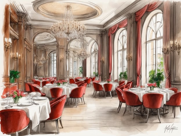 Auf dem Bild ist ein elegantes Restaurant zu sehen. Der Raum ist geschmackvoll eingerichtet mit runden Tischen, die mit weißen Tischdecken und Blumen dekoriert sind. Die Stühle sind rot und bieten einen luxuriösen Eindruck. Große Fenster lassen viel Licht herein, und die Wände sind stilvoll gestaltet, mit einem klassischen Touch. Diese Art von Ambiente eignet sich gut für gehobene Gastronomie, in der besondere Anlässe gefeiert werden können.