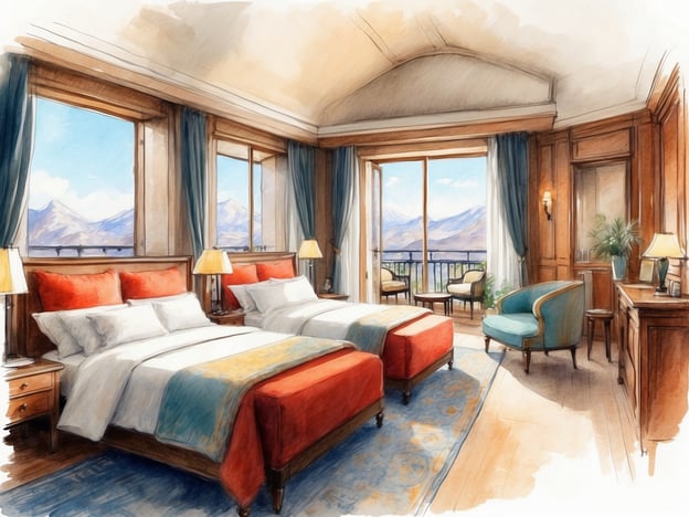 Auf dem Bild ist ein elegantes Hotelzimmer zu sehen. Es gibt zwei große Betten mit roten Kopfenden und weißen Bettdecken. Der Raum ist hell und freundlich, mit großen Fenstern, die einen schönen Ausblick auf die Berge bieten. Die Fenster sind mit blauen Vorhängen dekoriert. 

Im Zimmer befinden sich außerdem zwei Nachttische mit Lampen und ein Sessel in einer auffälligen blauen Farbe. An einer Wand steht ein Holzschrank oder ein Konsolentisch, auf dem sich eine Pflanze und möglicherweise Dekorationsgegenstände befinden. Der Boden ist aus hellem Holz und es liegt ein gemusterter Teppich, der dem Raum zusätzliche Gemütlichkeit verleiht.