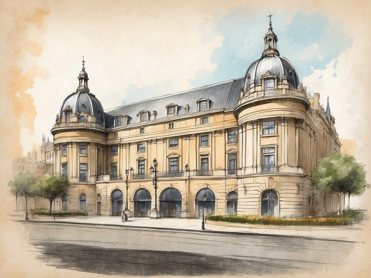 Das Bild zeigt das Leonardo Royal Hotel in Oxford, das in einem künstlerischen Stil dargestellt ist. Die Fassade des Gebäudes ist prächtig und zeichnet sich durch beeindruckende architektonische Elemente wie große Fenster und geschwungene Dächer aus. Zwei auffällige Kuppeln dominieren die obere Struktur, während Bäume und Straßenlaternen das Ambiente um das Hotel hervorheben. Die Umgebung wirkt einladend, mit klaren Linien und sanften Farbtönen, die eine harmonische Ästhetik schaffen.