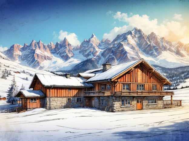 Auf dem Bild ist ein idyllisches, traditionelles Bauernhaus in einer schneebedeckten Winterlandschaft zu sehen, umgeben von majestätischen Bergen. Dieser Anblick erinnert an die Region Saalbach Hinterglemm in Österreich, die für ihre malerischen Almhütten und die beeindruckende Berglandschaft bekannt ist. 

Die Geschichte von Saalbach Hinterglemm ist geprägt von der Entwicklung vom kleinen, landwirtschaftlich geprägten Dorf hin zu einem beliebten Wintersportort. In den letzten Jahrzehnten hat sich die Region einen Namen als perfektes Ziel für Skifahrer und Wanderer gemacht, während sie gleichzeitig ihren ländlichen Charme bewahrt hat. Die Kombination aus traditioneller Architektur und atemberaubender Natur macht die Gegend zu einem besonderen Ort für Besucher aus aller Welt.