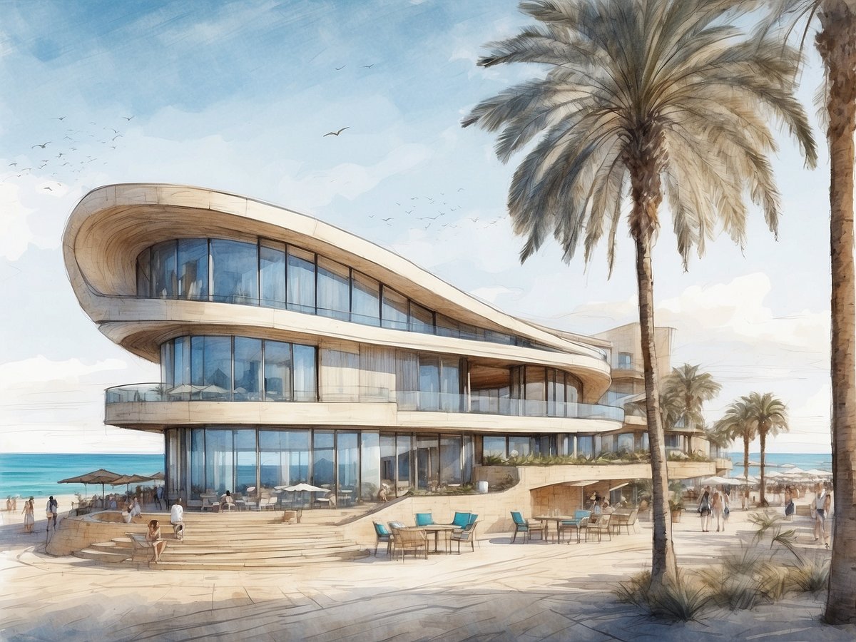 Das Bild zeigt das Leonardo Boutique Hotel Larnaca, ein modernes Gebäude mit geschwungener Architektur, das sich direkt am Strand befindet. Umgeben von Palmen und einem klaren blauen Himmel, ist das Hotel von einer attraktiven Außenanlage mit Terrassen und Sitzgelegenheiten umgeben. Gäste sind auf dem Areal zu sehen, während im Hintergrund der Ozean sichtbare Wellen hat. Die große Glasfassade des Hotels reflektiert das Licht und verleiht dem Gebäude eine elegante Ausstrahlung.