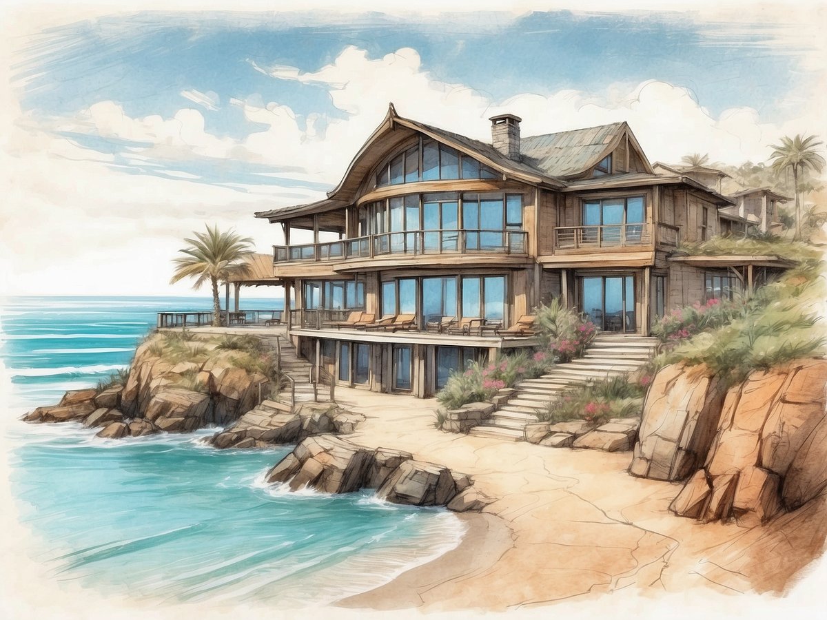 Das Bild zeigt das Leonardo Crystal Cove Hotel und Spa by the Sea für Erwachsene. Es ist ein elegantes, modernes Gebäude mit großen Fenstern, das sich harmonisch in die Küstenlandschaft integriert. Die Fassade ist in warmen Holztönen gehalten und hat ein schräges Dach. Vor dem Hotel erstreckt sich eine sanft geschwungene Küstenlinie mit klaren Wellen, die sanft gegen die Felsen schlagen. Um das Gebäude herum befinden sich üppige Palmen und bunte Blumen, die eine entspannte Urlaubsatmosphäre schaffen. Der Himmel ist blau mit einigen leichten Wolken, was das Bild hell und einladend erscheinen lässt.