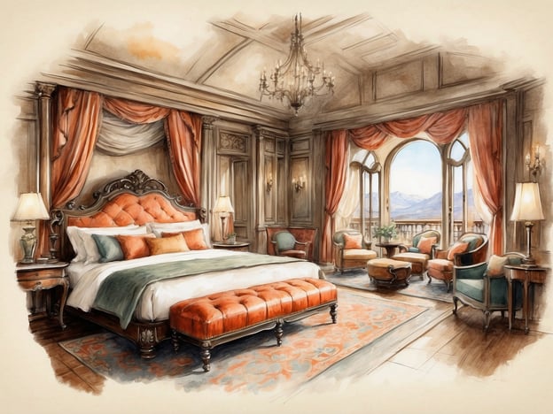 Auf dem Bild ist ein elegantes Schlafzimmer zu sehen. Die Ausstattung umfasst ein großes, gepolstertes Bett mit mehreren Dekokissen und einem edlen Kopfteil. Die Farben sind warm und einladend, mit einem Fokus auf orange und sanften Grüntönen. 

Zusätzlich gibt es eine gemütliche Sitzecke mit zwei Sessel und einem kleinen Tisch, ideal zum Entspannen. Eine schöne Lampe auf dem Nachttisch und weitere Lichtquellen ergänzen die stimmungsvolle Atmosphäre. Die großen Fenster bieten einen Blick auf die Berge, was die gesamte Aussicht noch beeindruckender macht. Der Boden ist mit einem stilvollen Teppich bedeckt, der das Gesamtbild abrundet.

Die Angebote dieser Unterkunft könnten ein luxuriöses Ambiente, erstklassige Möbel und einen atemberaubenden Ausblick umfassen.