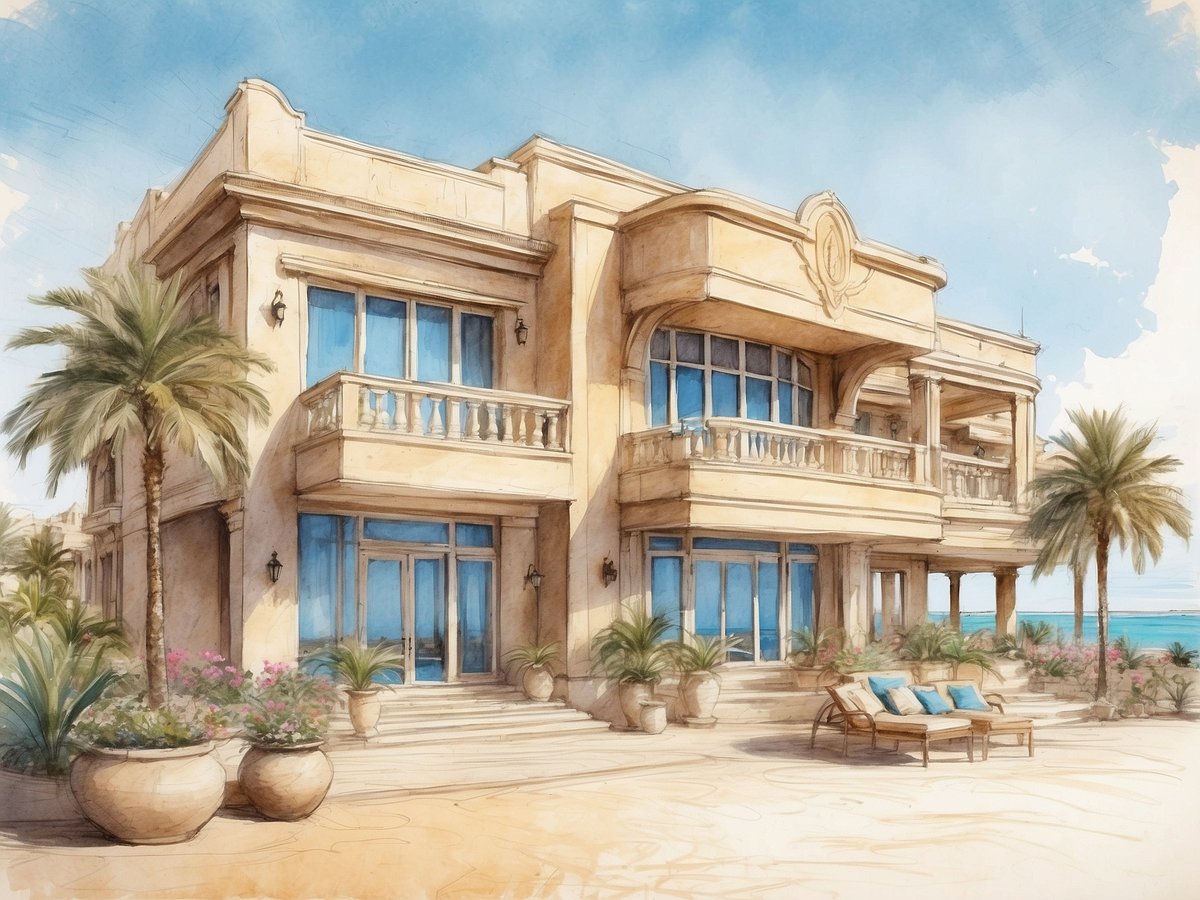 Das Bild zeigt die wunderschöne Fassade des Leonardo Laura Beach & Splash Resorts. Das Gebäude hat eine elegante Architektur mit großen Fenstern und Balkonen, umgeben von tropischen Palmen und blühenden Pflanzen in dekorativen Töpfen. Vor dem Resort sind Liegen mit Kissen in Blautönen aufgestellt, und im Hintergrund erstreckt sich das Meer unter einem klaren, blauen Himmel. Die gesamte Szene strahlt eine einladende und entspannende Atmosphäre aus, perfekt für einen Urlaub am Strand.