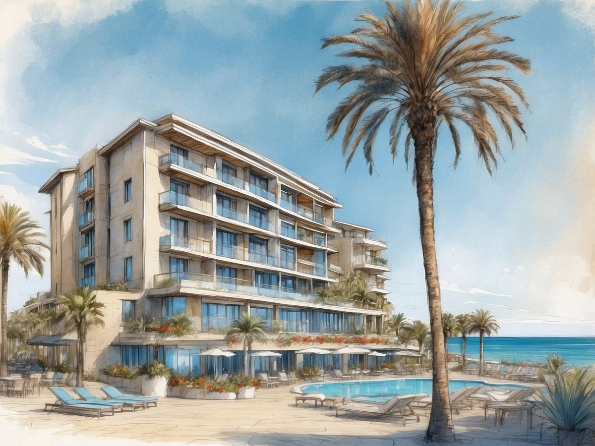 Das Bild zeigt das NYX Hotel Limassol by Leonardo Hotels, ein modernes vierstöckiges Gebäude mit großen Fenstern und Balkonen. Es ist umgeben von Palmen und üppigen Pflanzen. Vor dem Hotel befindet sich ein Außenbereich mit Liegen und Sonnenliegen sowie einem Schwimmbecken. Im Hintergrund sieht man das Meer und den klaren blauen Himmel. Die Architektur vermittelt ein elegantes und einladendes Ambiente.