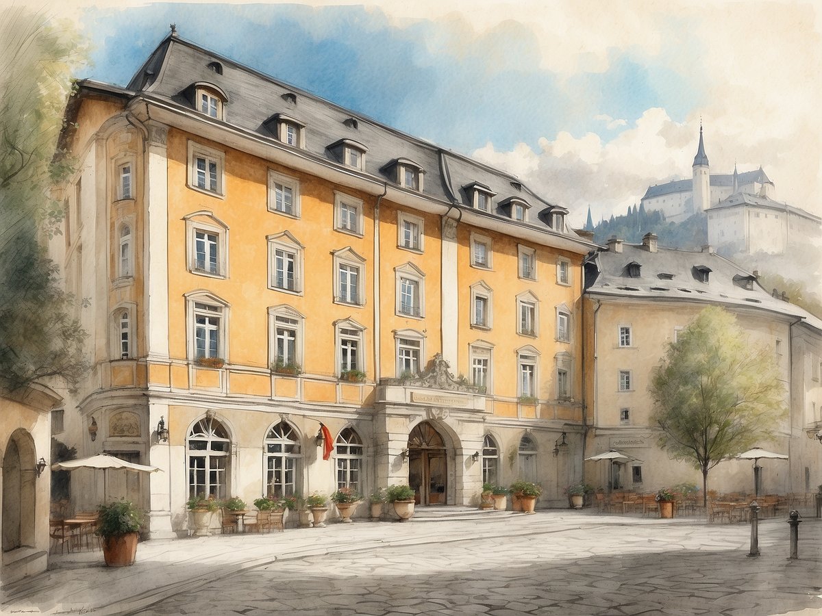 Das Bild zeigt das Leonardo Boutique Hotel Salzburg Gablerbräu in einer malerischen Umgebung. Das Gebäude hat eine orangefarbene Fassade mit mehreren Fenstern und einem leicht geneigten Dach. Vor dem Hotel befinden sich Tische und Stühle unter Sonnenschirmen, die zum Verweilen einladen. Im Hintergrund ist eine bewaldete Anhöhe mit einer historischen Burg zu sehen, die über der Stadt thront. Der Himmel ist freundlich und wolkenverhangen, was eine angenehme Atmosphäre schafft.