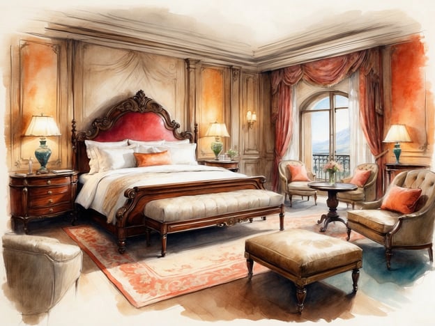 Auf dem Bild ist ein luxuriös eingerichtetes Schlafzimmer zu sehen. Es verfügt über ein großes, elegantes Bett mit einer auffälligen Kopfteilgestaltung, geschmackvolle Möbel und eine stilvolle Dekoration. Die warmen Farbtöne und die Fenster mit Ausblick auf eine Landschaft schaffen eine einladende Atmosphäre.

Viele NH Hotels bieten ähnliche stilvolle und komfortable Unterkünfte, die auf Geschäftsreisende und Urlauber spezialisiert sind. Die Zimmer sind modern ausgestattet und zeichnen sich durch Funktionalität und ansprechendes Design aus. In den meisten Hotels von NH können Gäste ein hohes Maß an Komfort und Service erwarten, was sowohl für kurze als auch für längere Aufenthalte ideal ist.