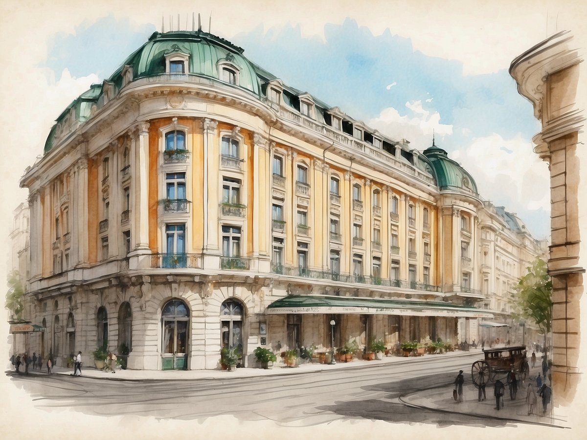 Das Bild zeigt das Leonardo Hotel Vienna Otto-Wagner in einer stilisierten Aquarell-Darstellung. Das beeindruckende Gebäude hat eine helle Fassade mit gelben und weißen Elementen sowie einem markanten grünen Dach. Im Vordergrund sind Passanten zu sehen, die die Straße entlanggehen, und es stehen schöne Pflanzen in Töpfen vor dem Eingang. Die architektonischen Details, wie die Säulen und die Fenster mit Balkonen, verleihen dem Hotel einen eleganten und historischen Charme.