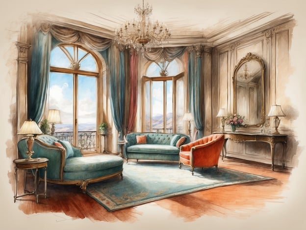 Auf dem Bild ist ein elegantes Zimmer zu sehen, das als Sitzbereich gestaltet ist. Der Raum verfügt über große Fenster mit Aussicht und ist mit stilvollen Möbeln, darunter eine blaue Couch und ein rotes Sessel, eingerichtet. Der Boden ist mit einem dekorativen Teppich ausgelegt, und es gibt dekorative Elemente wie Lampen und einen Spiegel. Dieser Raum könnte Teil einer luxuriösen Suite in einem Hotel oder einem eleganten Wohnbereich sein.