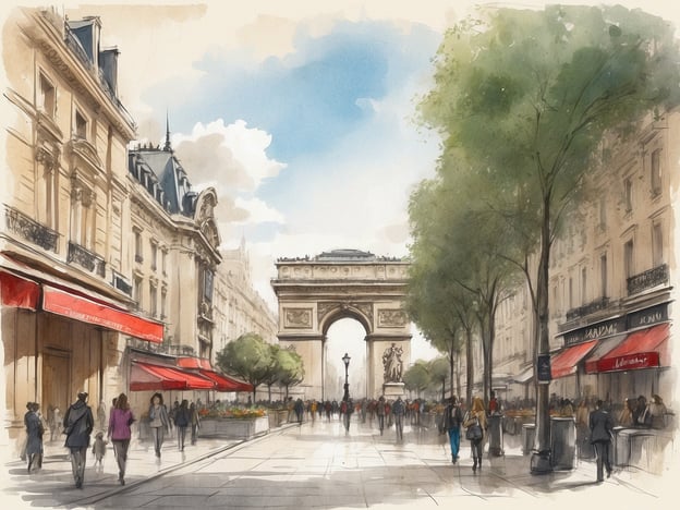 Auf dem Bild ist eine idyllische Straßenszene in Paris zu sehen, die den Triumphbogen (Arc de Triomphe) im Hintergrund zeigt. Es sind mehrere Personen unterwegs, und die Straße ist von Bäumen gesäumt, während sich an den Seiten Cafés mit roten Sonnenschirmen befinden. Diese Szenerie könnte in der Nähe des NH Hotels Paris Champs Elysees geschehen, das sich nur wenige Gehminuten vom Triumphbogen entfernt befindet und einen hervorragenden Zugang zu den Sehenswürdigkeiten der Stadt bietet.