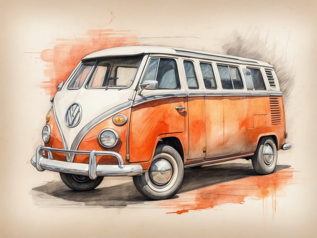 Auf dem Bild ist ein klassischer Volkswagen Bulli in einer orange-weißen Farbgebung zu sehen. Das Fahrzeug hat die typischen Merkmale eines Bullis, einschließlich der runden Scheinwerfer und der charakteristischen Form. 

Wenn ich die Ausstattung eines NH Hotels berücksichtige, könnte man sagen, dass dieser Bulli, ähnlich wie die Einrichtungen in einem NH Hotel, eine Kombination aus Komfort und Funktionalität darstellt. Die retro-inspirierte Gestaltung des Fahrzeugs könnte gut in ein modernes Hotelumfeld passen, wo gemütliche und stilvolle Elemente geschätzt werden.