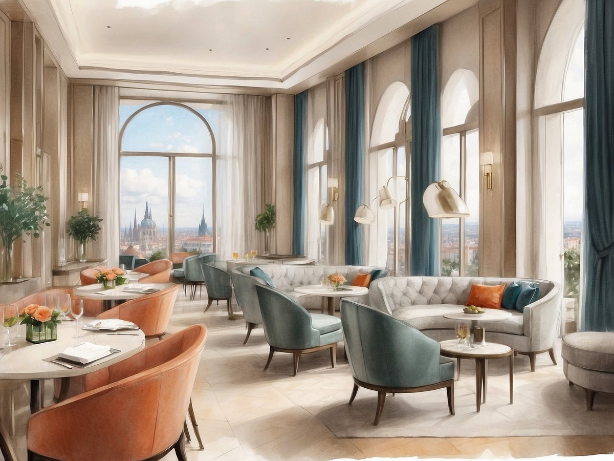 Der Innenraum des NYX Hotels Prague zeigt einen elegant gestalteten Lounge-Bereich mit großen Fenstern, die einen Blick auf die Prager Skyline ermöglichen. Die Möbel sind stilvoll und modern, mit bequemen Sitzmöbeln in sanften Farben wie Blau und Apricot. Auf den Tischen stehen elegante Blumenarrangements und Getränke, die zur Atmosphäre beitragen. Die Wände sind hell gehalten, und die großen Fenster lassen viel Tageslicht herein, was den Raum einladend wirken lässt. Vor den Fenstern hängen luxuriöse Vorhänge in sanften Blau- und Grautönen.