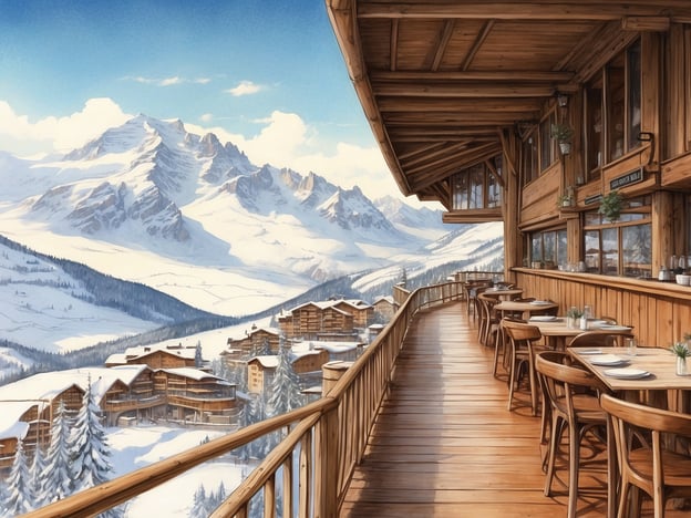 Auf dem Bild ist eine malerische Aussicht von einer Holzterrasse eines Restaurants oder einer Berghütte zu sehen, die sich in einer schneebedeckten Berglandschaft befindet. Im Vordergrund sind holzene Tische und Stühle auf der Terrasse platziert, die eine einladende Atmosphäre für Gäste schaffen. Die umliegende Landschaft zeigt schneebedeckte Berge und eine Ansammlung von gemütlichen Unterkünften, die sich harmonisch in die Natur einfügen. Diese Szenerie ist ideal für Besucher, die die Gastronomie in den Bergen genießen und gleichzeitig die majestätische Aussicht bewundern möchten.