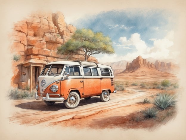 Auf dem Bild ist ein orangefarbener VW-Bus zu sehen, der auf einem staubigen Weg in einer abwechslungsreichen, natürlichen Umgebung parkt. Im Hintergrund erheben sich beeindruckende rote Felsen und ein Berg, umgeben von einer kargen, aber malerischen Landschaft. Einige Sträucher und kleine Pflanzen, die an das trockene Klima angepasst sind, sind ebenfalls sichtbar. Der Himmel ist blau mit wenigen Wolken, und die gesamte Szene strahlt eine ruhige, abenteuerliche Atmosphäre aus, die zu Ausflügen und Erkundungen in der Natur einlädt.