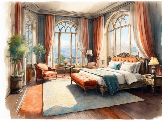 Auf dem Bild ist ein elegantes Schlafzimmer zu sehen. Das Zimmer verfügt über große Fenster mit Blick auf eine bergige Landschaft. Es ist stilvoll eingerichtet mit einem großen Bett, einem gepolsterten Fußteil und bequemen Sesseln. Zudem gibt es einen kleinen Tisch und dekorative Pflanzen, die dem Raum eine einladende Atmosphäre verleihen. Die sanften Farben der Wände und Vorhänge tragen zur gemütlichen und luxuriösen Ausstrahlung dieses Zimmers bei.