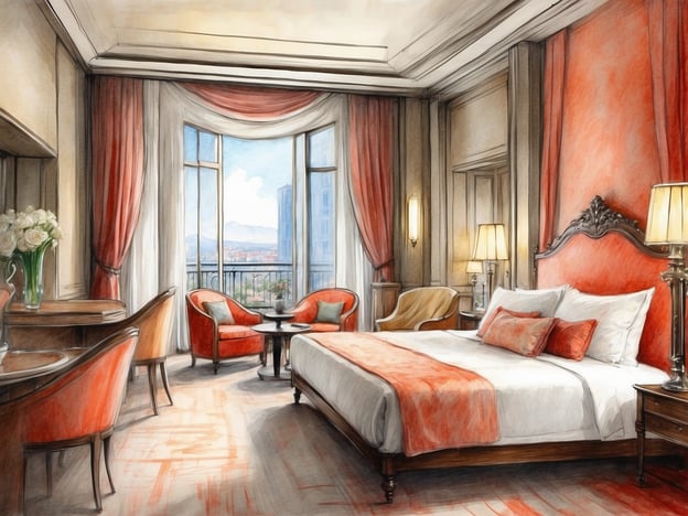 Auf dem Bild ist ein elegantes Hotelzimmer zu sehen. Es ist hell und freundlich, mit großen Fenstern, die einen Blick auf die Umgebung ermöglichen. Die Wände sind in sanften Farben gehalten, und es gibt einen großen, komfortablen Bett mit feiner Bettwäsche. Neben dem Bett stehen Nachttischlampen, die für eine gemütliche Beleuchtung sorgen.

In der Ecke des Zimmers sind zwei gepolsterte Sessel mit einem kleinen Tisch. Diese Ecke scheint ein einladender Platz zum Entspannen zu sein. Eine stilvolle Vase mit weißen Blumen steht auf dem Tisch. Die Vorhänge sind in einem harmonischen Farbton, was dem Raum einen luxuriösen Touch verleiht. Insgesamt strahlt das Zimmer eine gehobene und einladende Atmosphäre aus.